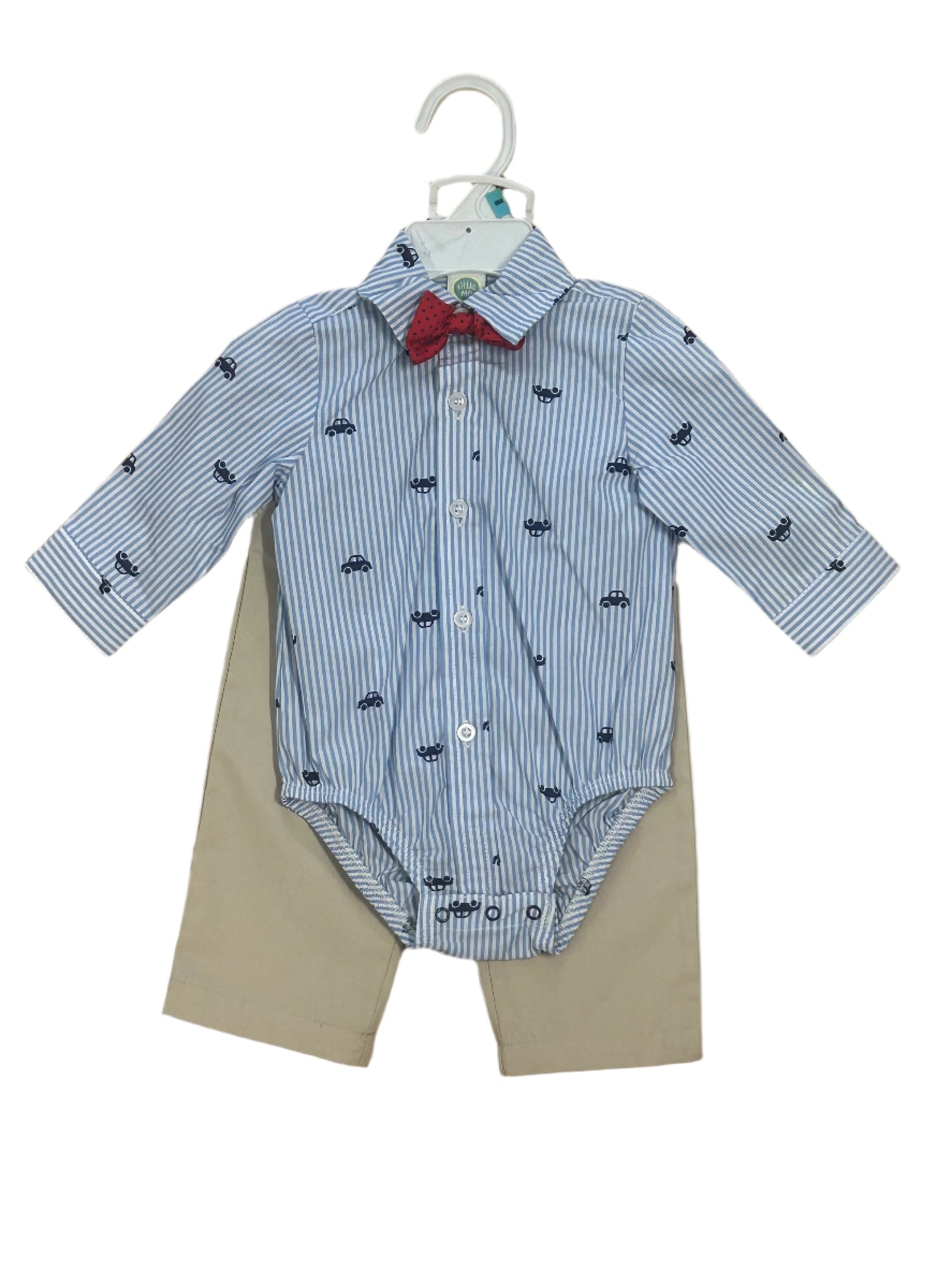 Little Me Boy's 2pc Pant Set Blue Stripe onesie w/ Cars