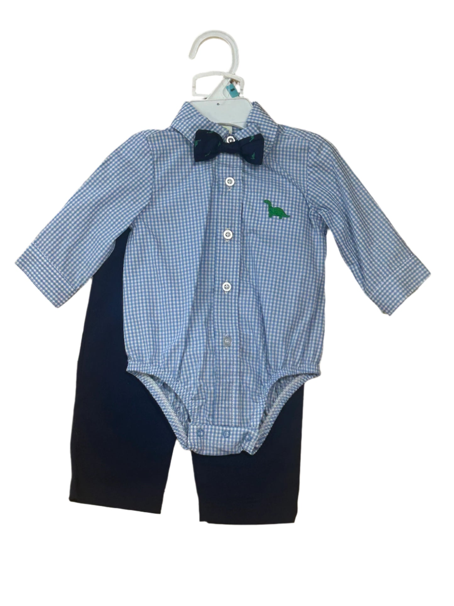 Little Me Boy 2pc Navy Pant Set Blue Plaid Onesie w/Dino