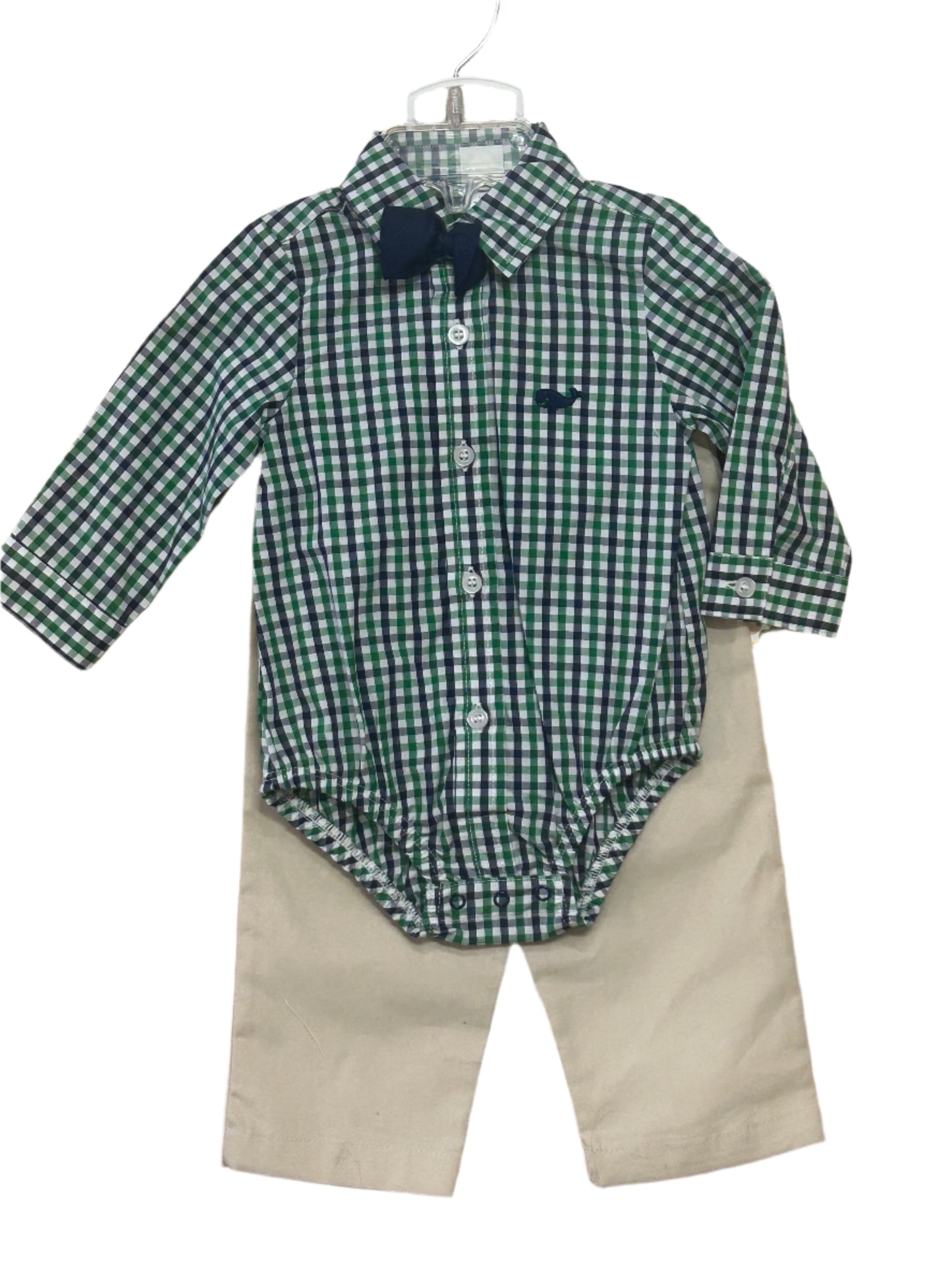 Little Me Boy 2pc Tan Pant Set Green/Navy Plaid Onesie w/Whale