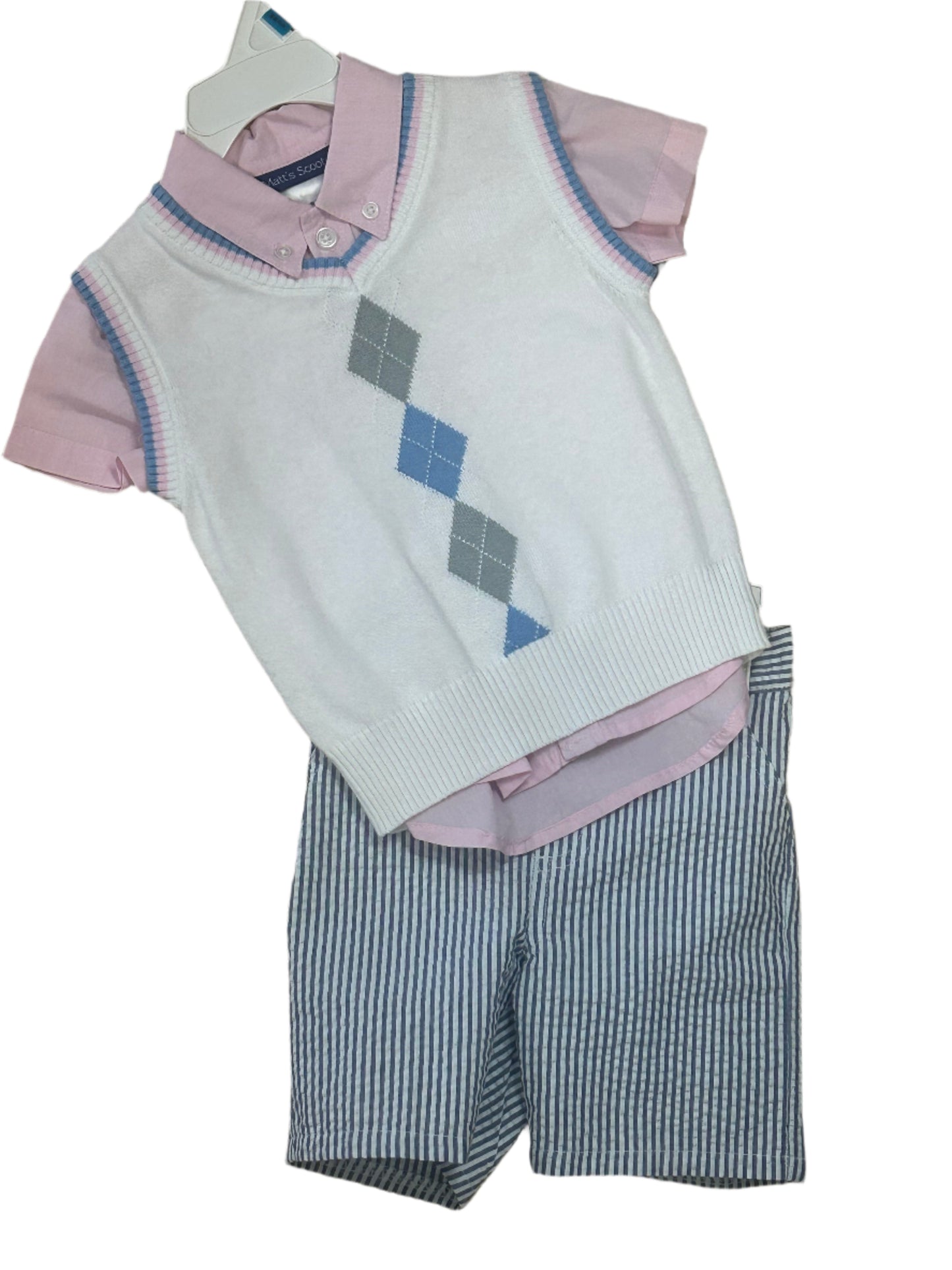 Matt's Scooter 3pc Seersucker Short set w/White Sweater Vest Pink Shirt