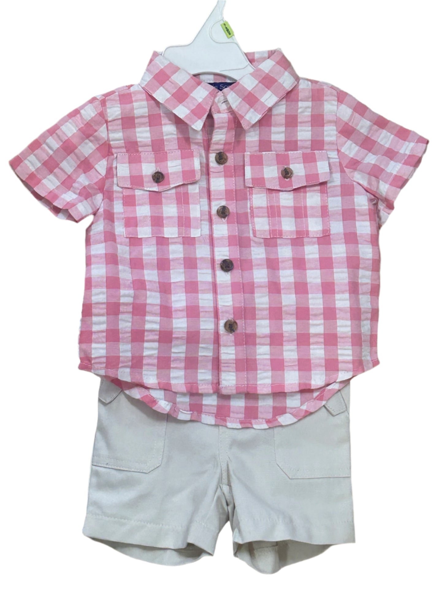 Matt's Scooter 2pc Tan Short Set w/ Pink Plaid Shirt