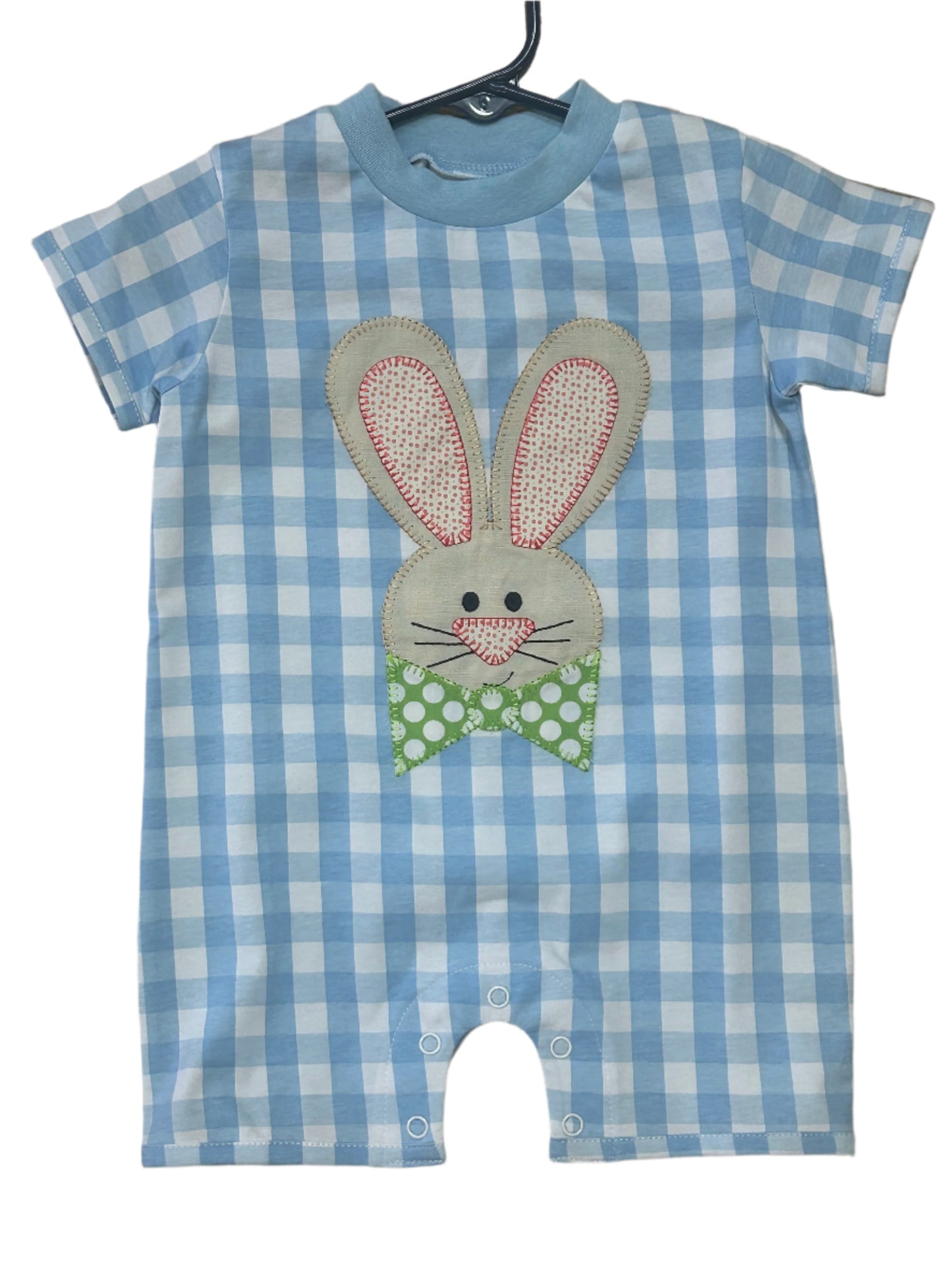 Natalie Grant Romper Blue/White Plaid w/ Bunny Applique