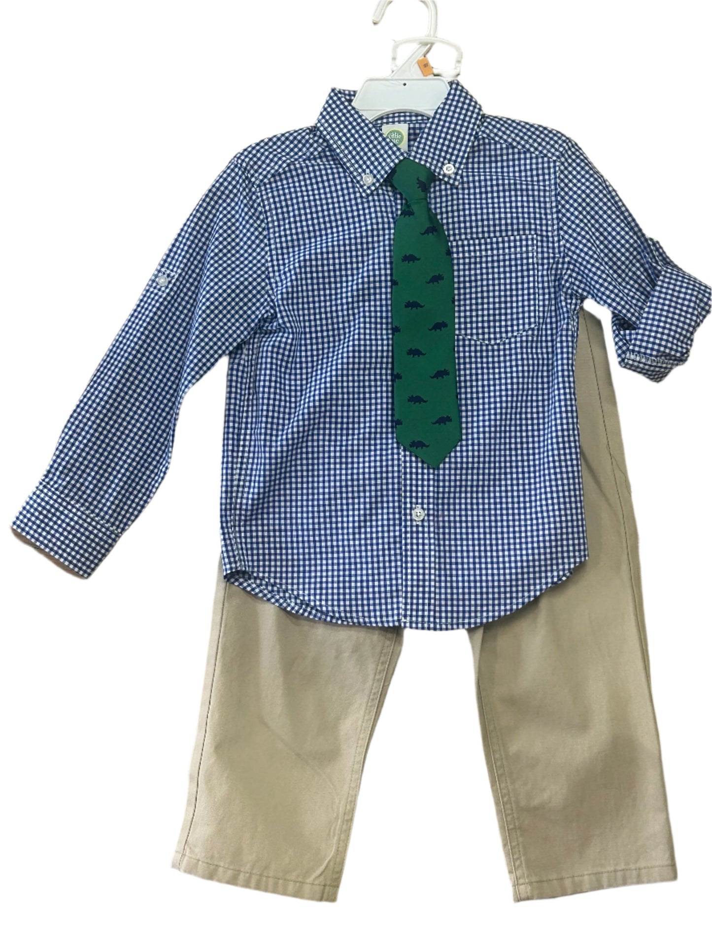 Little Me 2pc Tan Pant set w/green Rhino tie