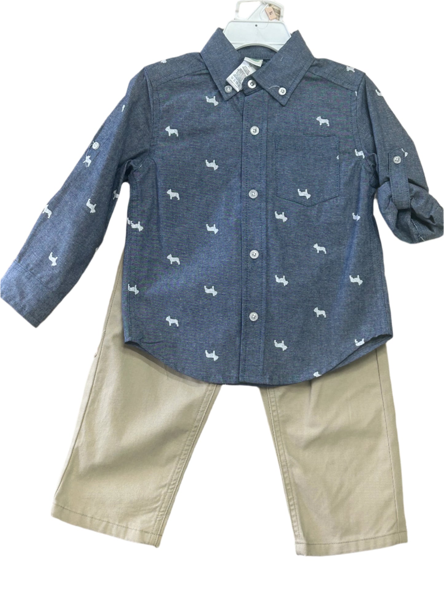 Little Me 2pc Tan Pant Set w/Denim shirt w/Dog Print