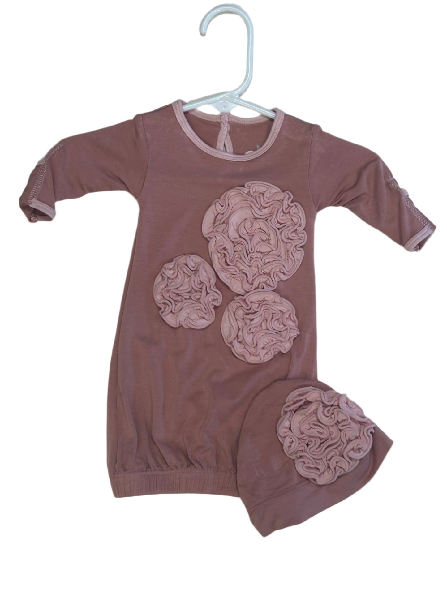 Kickee Pants Dahlia Flower Layette Gown & Knot Hat Set Antique Pink with Baby Rose