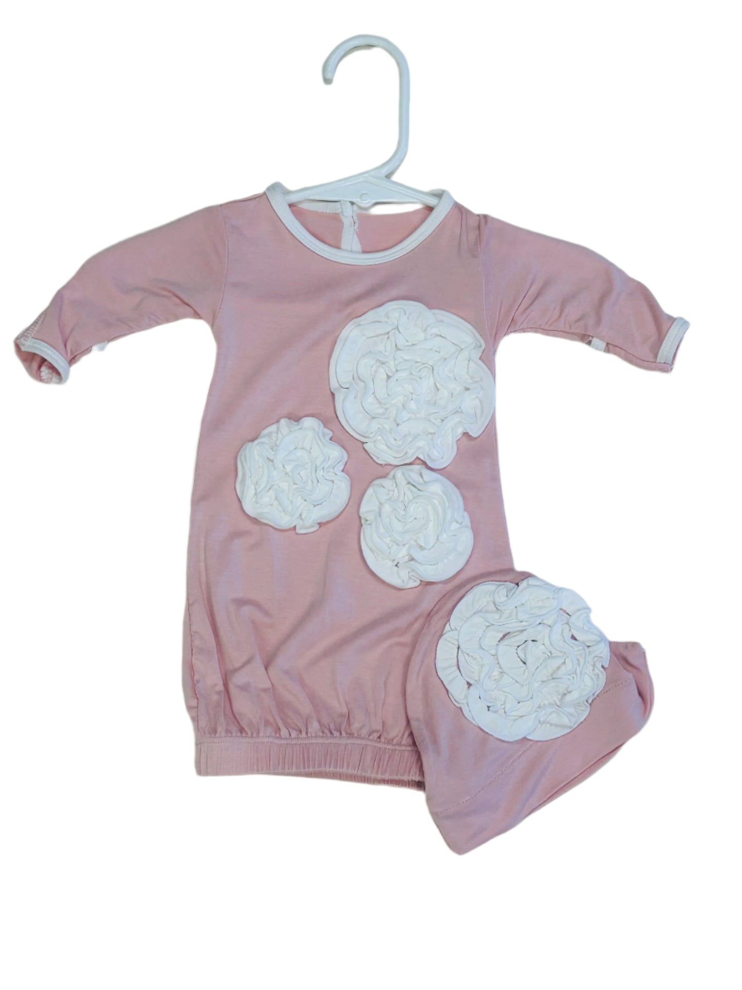Kickee Pants Dahlia Flower Layette Gown & Knot Hat Set Baby Rose with Natural