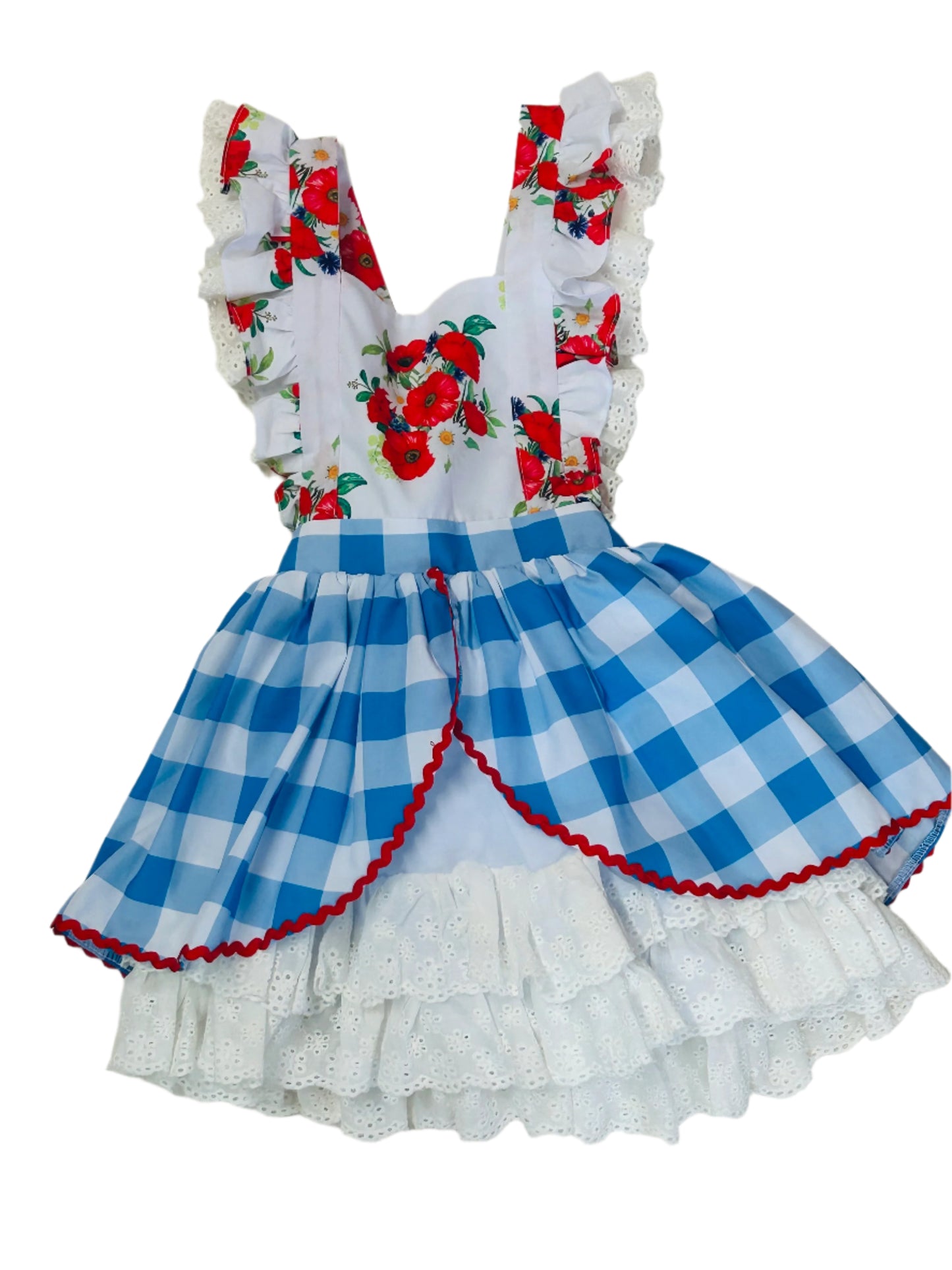 Be Girl Dress Red Floral w/ Blue Checkered Print