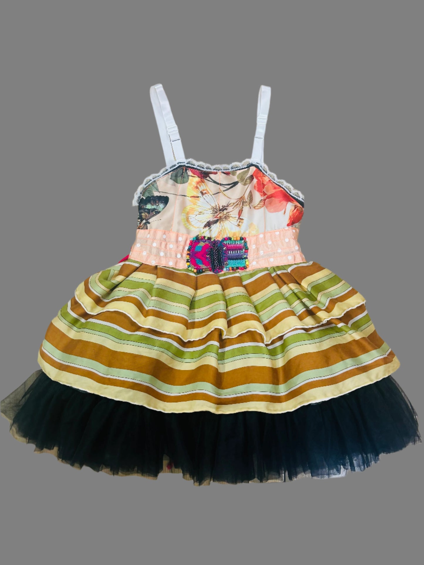 RubyPearl One-of-a-Kind Dress Butterfly Print Scarf bodice w/ vintage stripe