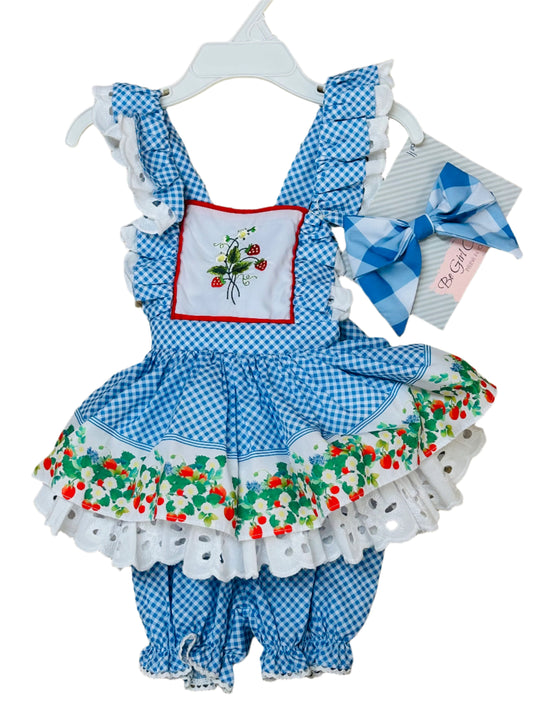 Be Girl 2pc Bloomer short Set Strawberry Print/ Blue checkered