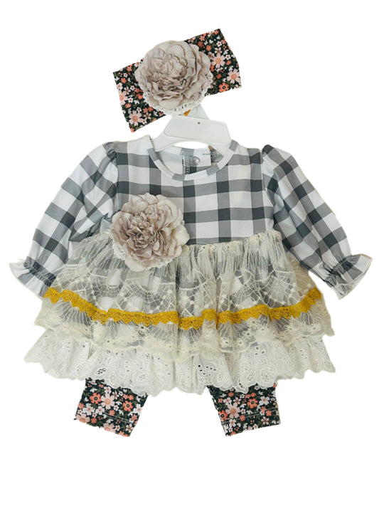 Be Girl 3pc Set Gray Plaid w/Lace and Floral Pant w/Matching Headband