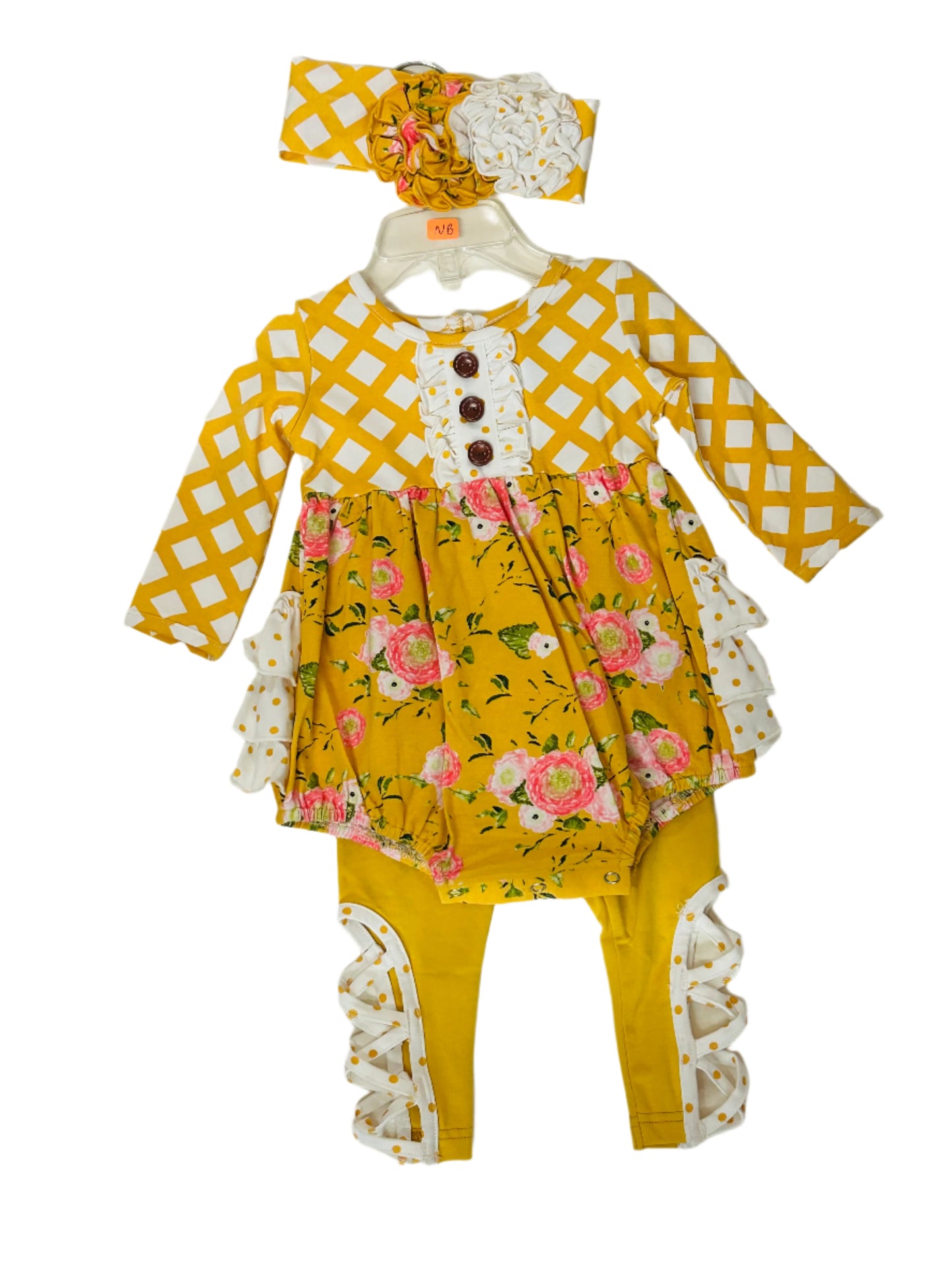 Swoon Baby 3pc Romper/Pant Set Yellow Lattice w/matching headband