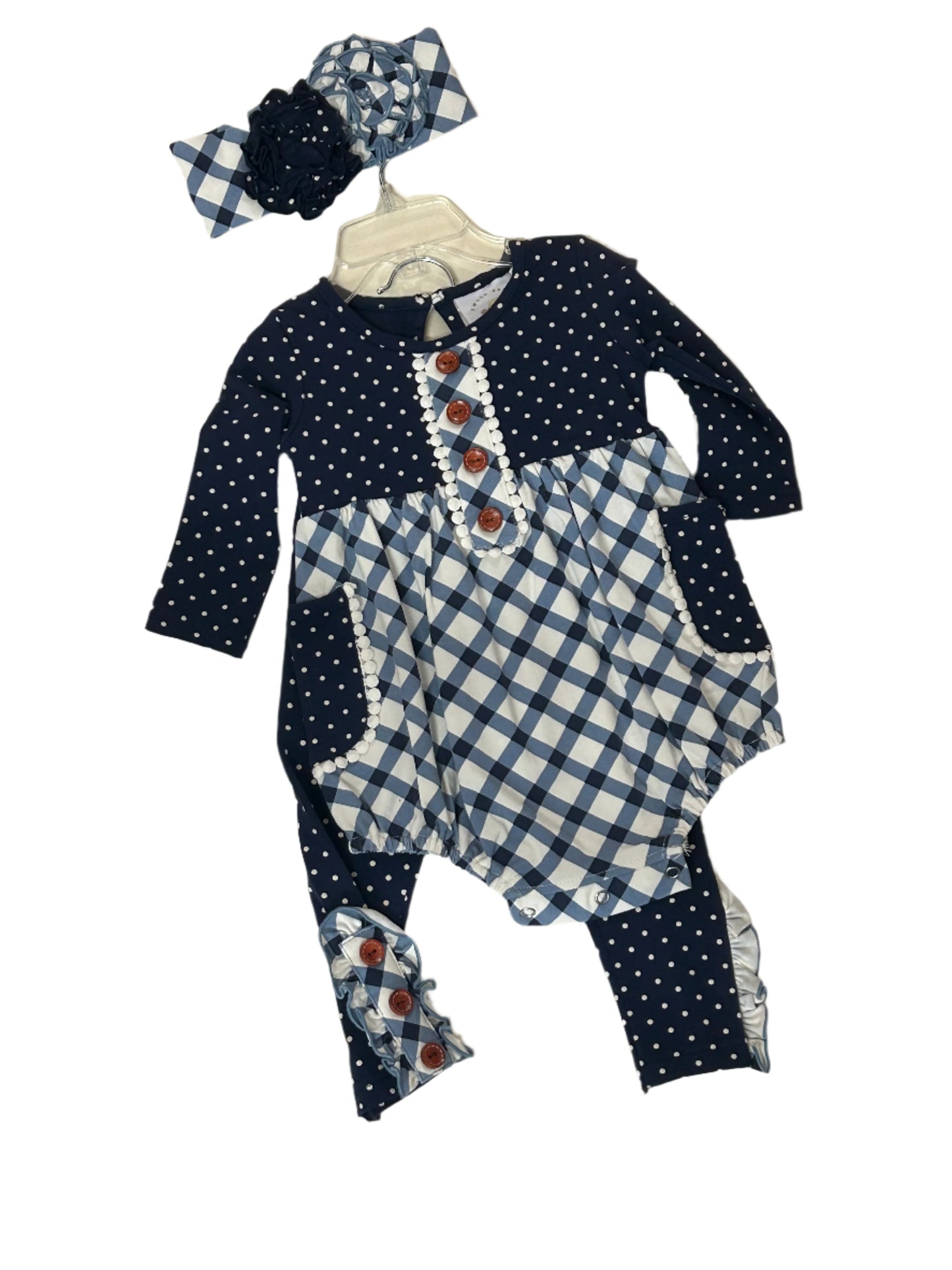 Swoon Baby 3pc Romper/Pant Set Navy Lattice w/matching headband