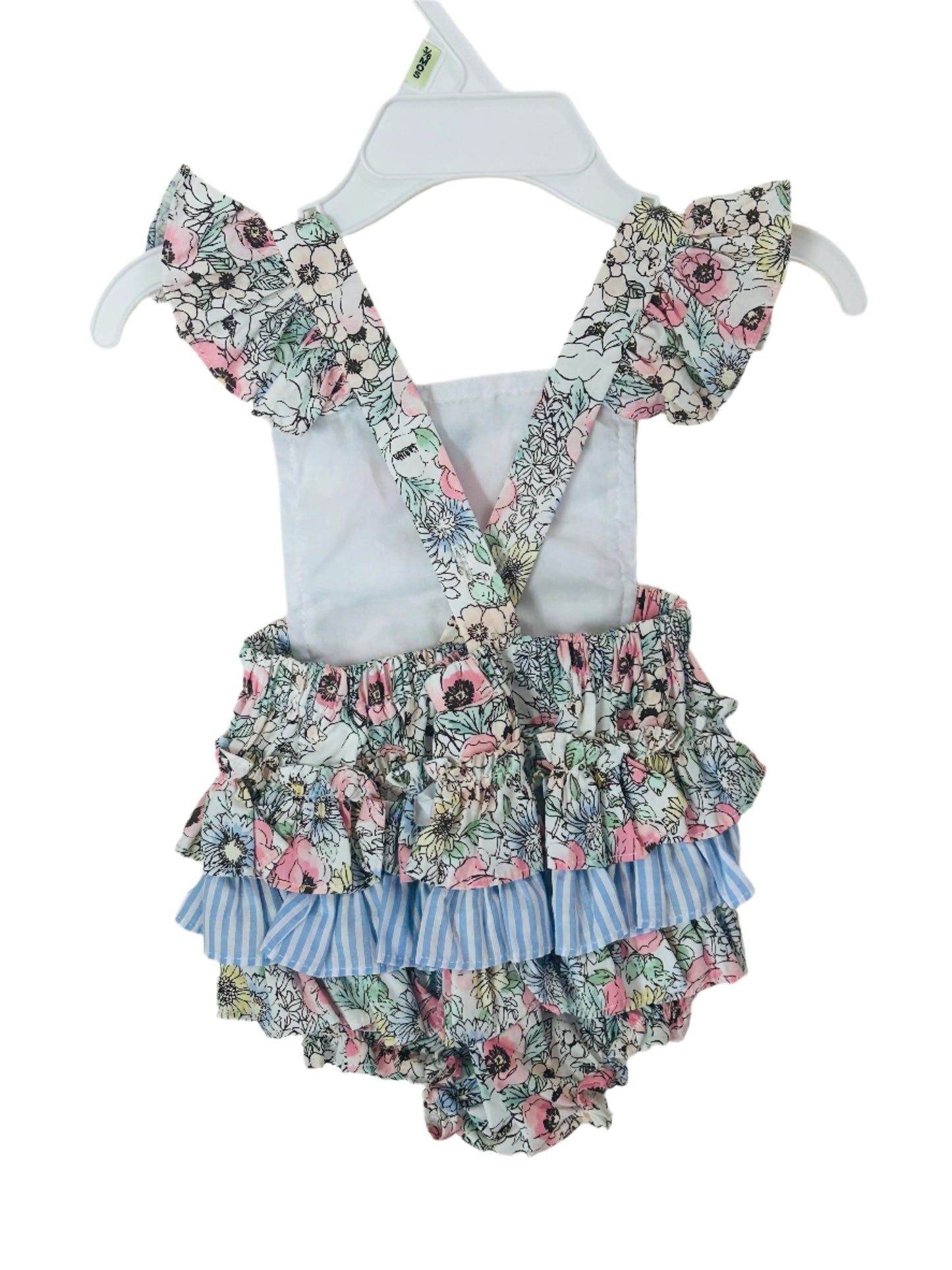 Bonnie Baby Romper Floral w/Blue Striped Ruffle 8044