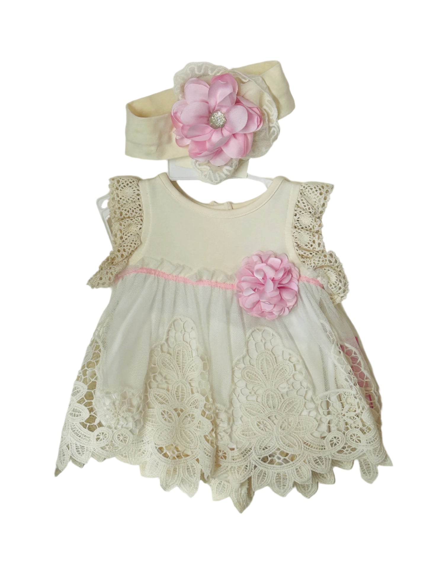 Peaches N Cream 2pc Bloomer set Cream Lace w/Pink Flower