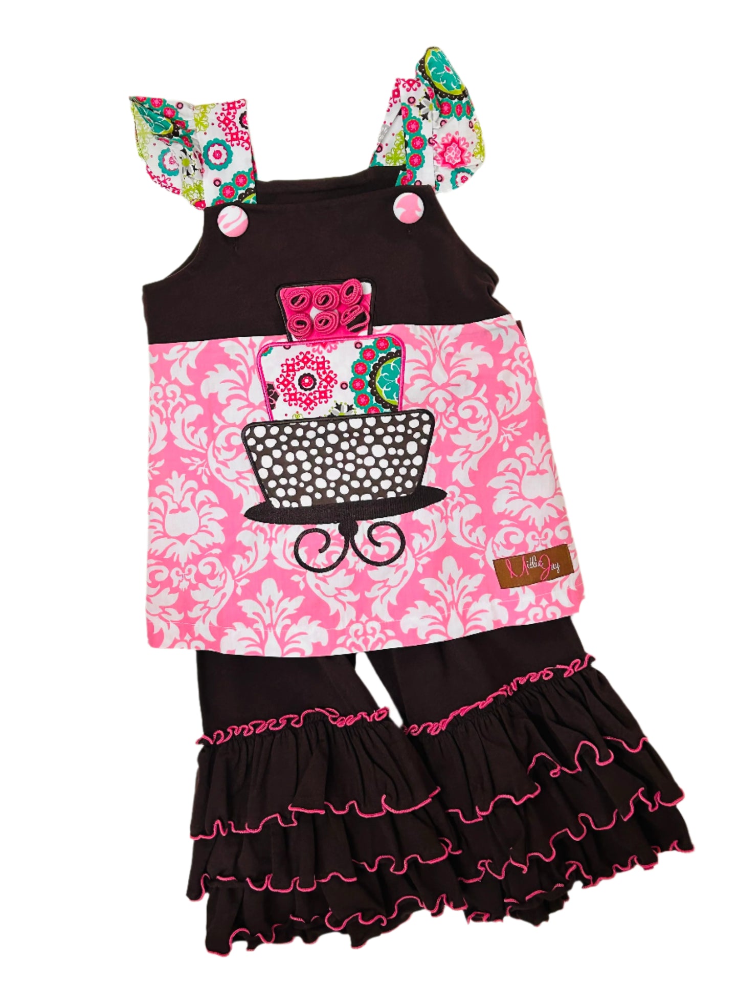 Millie Jay 2pc Pant Set Pink/Brown Cake Applique