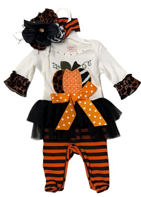 Haute Baby Hocus Pocus Romper w/ Animal Print Pumpkin Applique