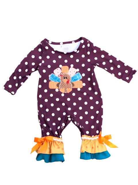 Girl Wine & Polka Dot Romper w/ Turkey Applique