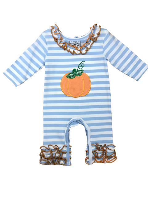 Three Sisters Romper Blue & White Stripe w/ Pumpkin
