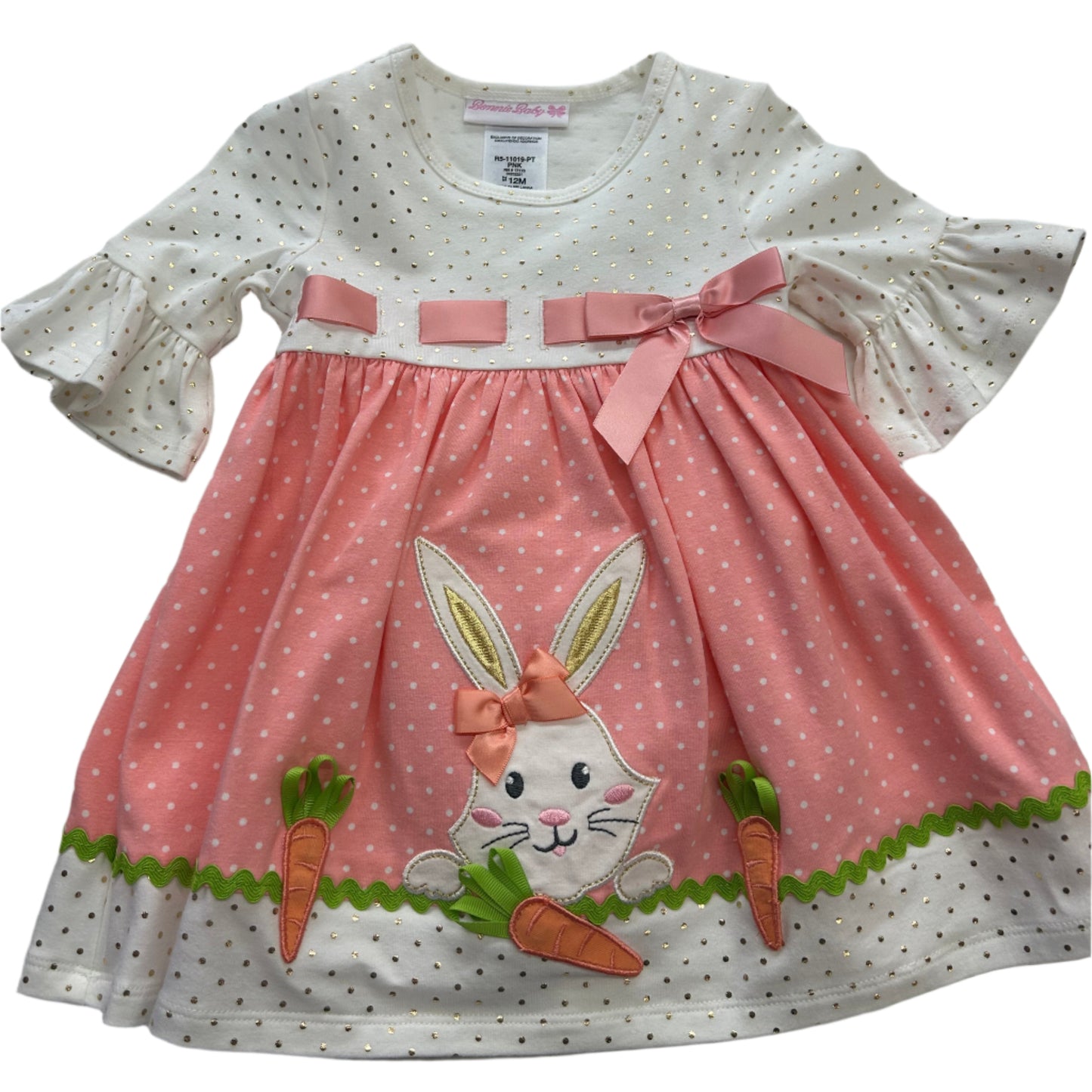 Bonnie Baby Pink Bunny w/Gold Polka Dot Dress 11019