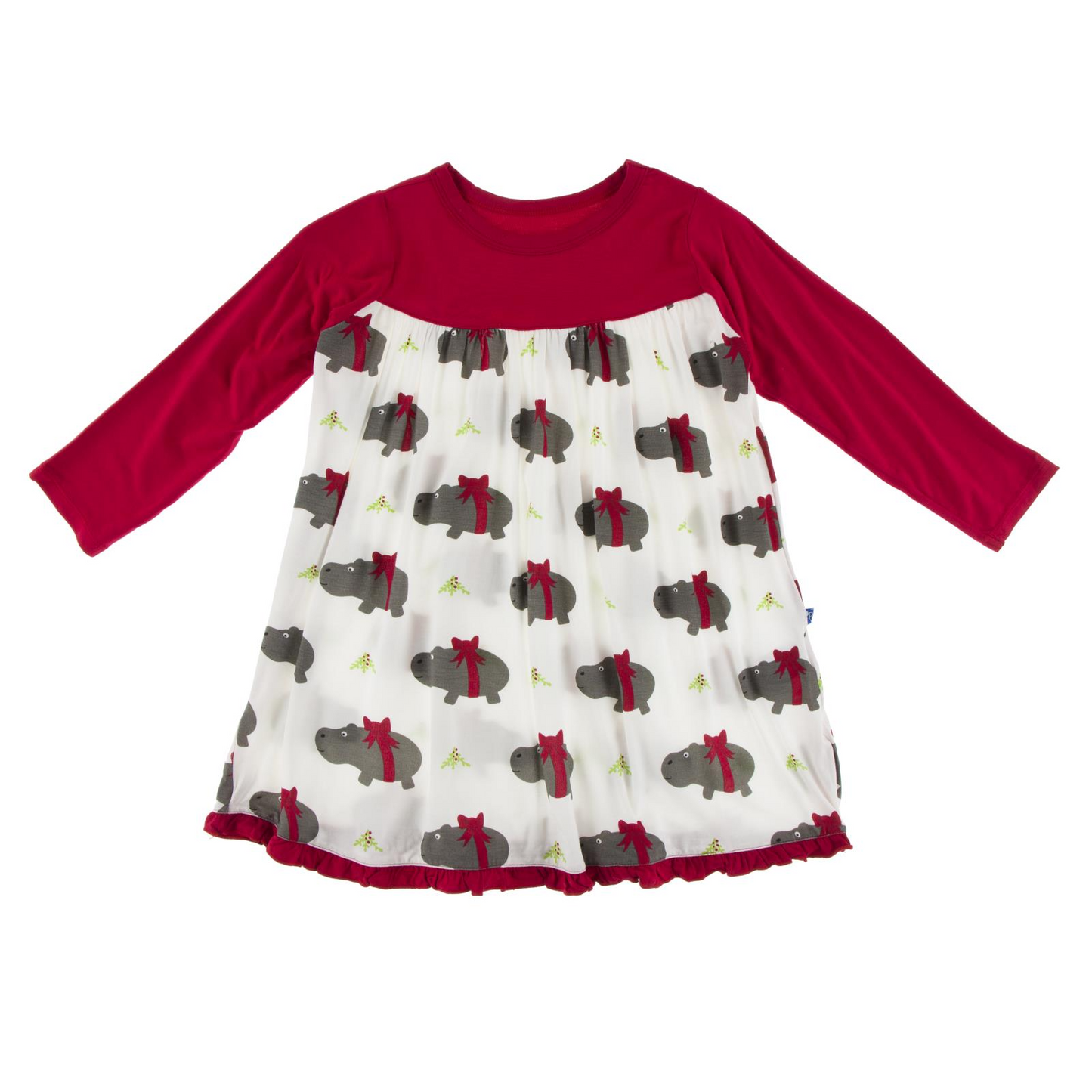 Kickee Pants L/S Swing Dress Natural Christmas Hippo