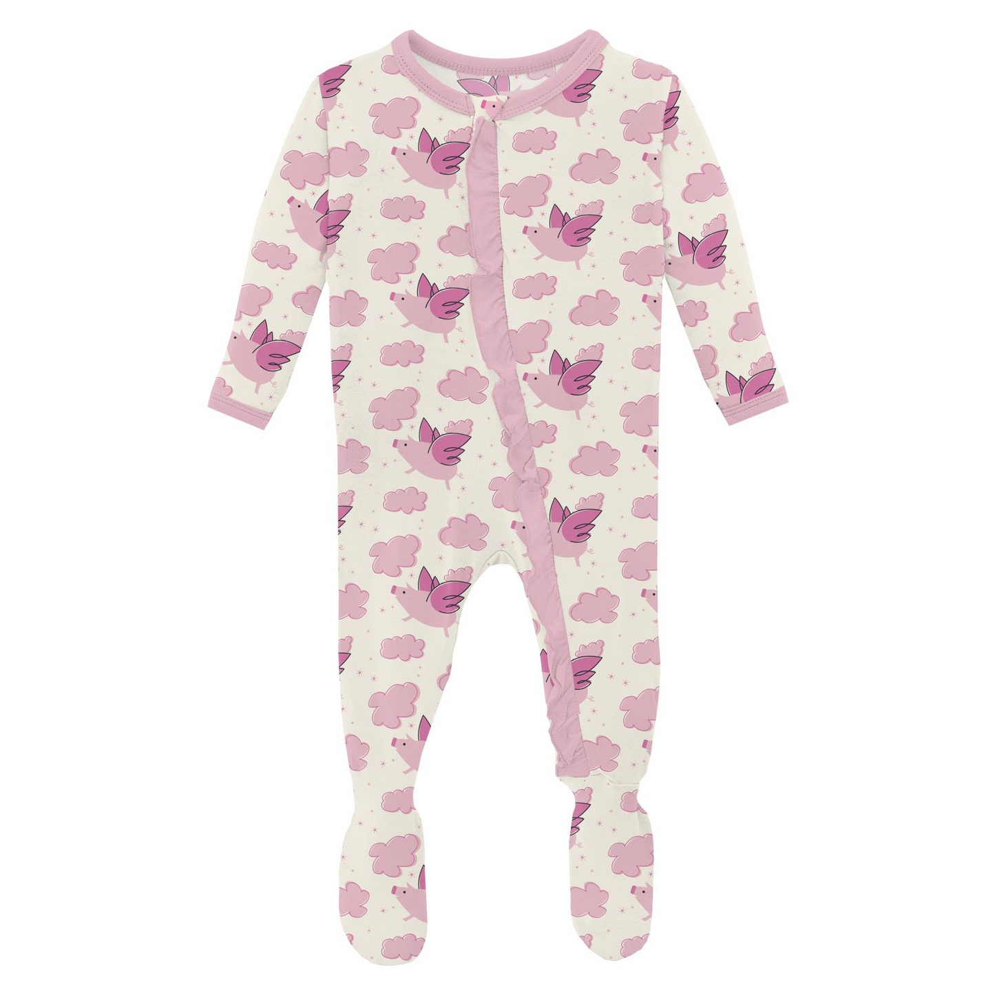 Kickee Pants Ruffle Footie Natural Flying Pigs