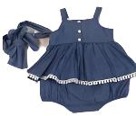 Bonnie Baby Blue Chambray Romper w/ Bodice lace & Headband