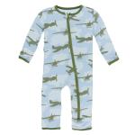 Kickee Pants Boy Coverall w/Zipper Print Pond Airplanes w/ Moss Trim