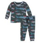 Kickee Pants Boy L/S Pajama Set Pewter Santa Sharks
