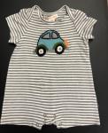 Red Egg & Ginger Romper Gray Stripe w/ Beetle Car Applique