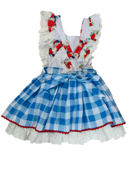 Be Girl Dress Red Floral w/ Blue Checkered Print
