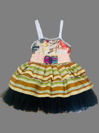 RubyPearl One-of-a-Kind Dress Butterfly Print Scarf bodice w/ vintage stripe