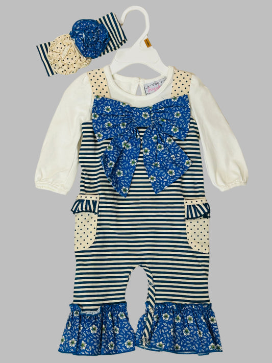 Serendipity Blue/White Striped Floral Coverall w/headband
