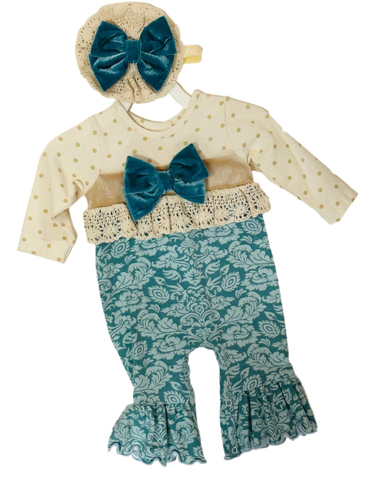 Peaches N Cream Coverall w/headband Blue/khaki Floral