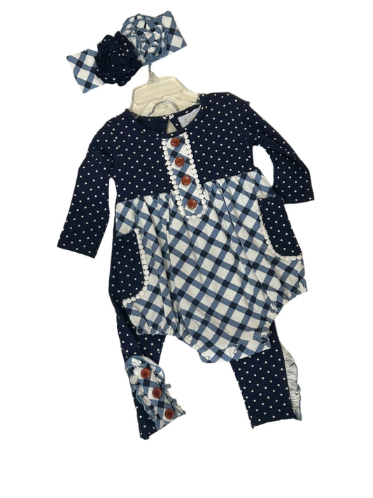 Swoon Baby 3pc Romper/Pant Set Navy Lattice w/matching headband
