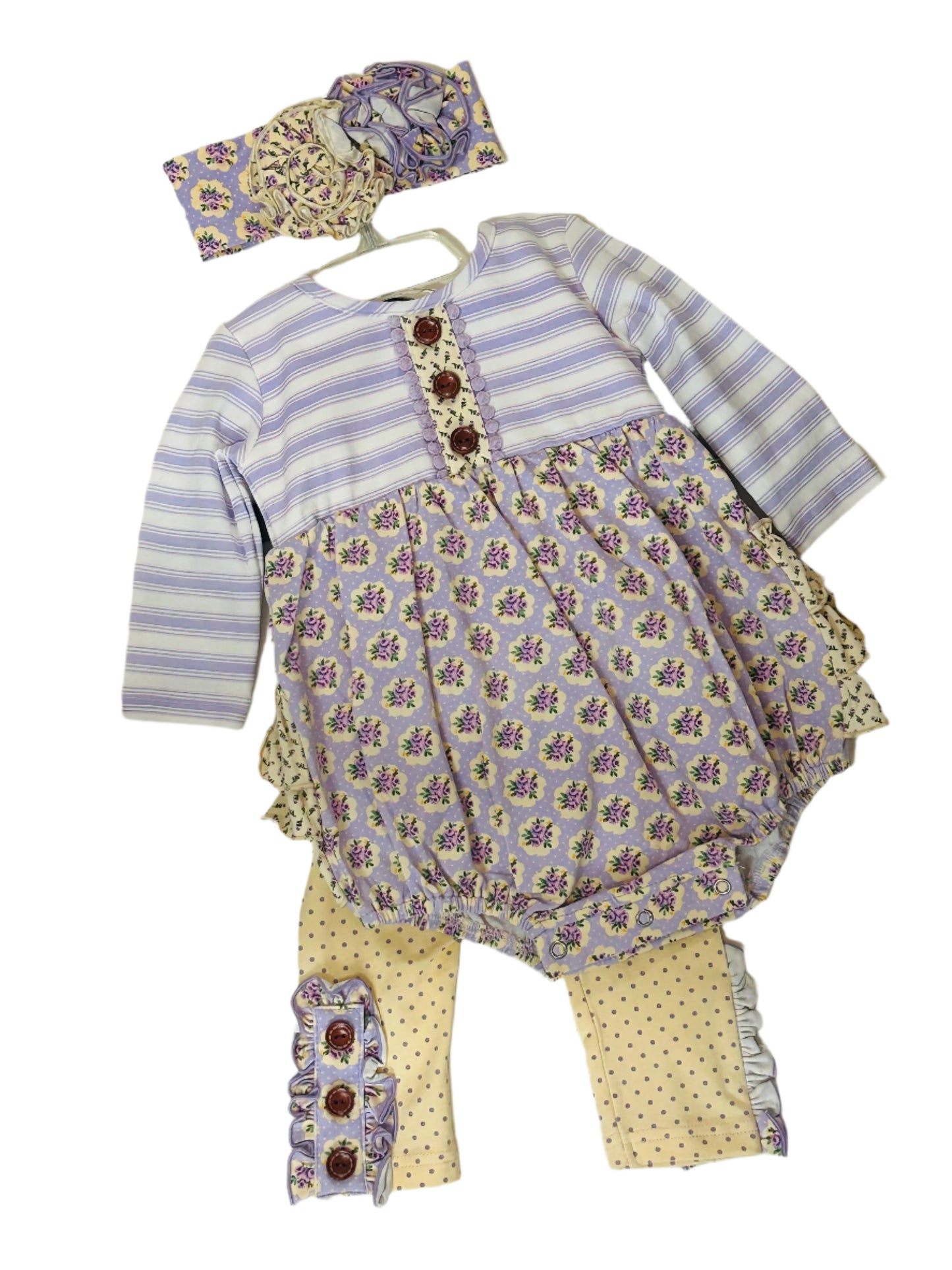 Swoon Baby 3pc Romper/Pant Set Lavender & Floral w/matching headband