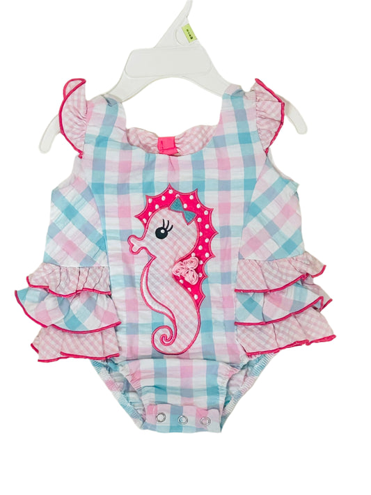 Bonnie Baby Romper Pink/Blue Gingham w/Seahorse 9708