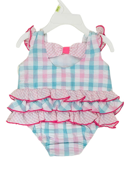 Bonnie Baby Romper Pink/Blue Gingham w/Seahorse 9708