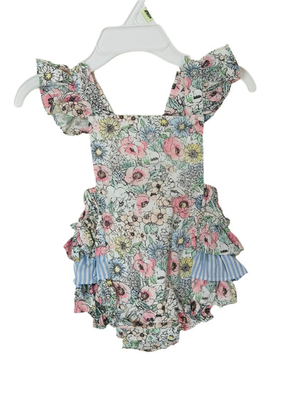 Bonnie Baby Romper Floral w/Blue Striped Ruffle 8044