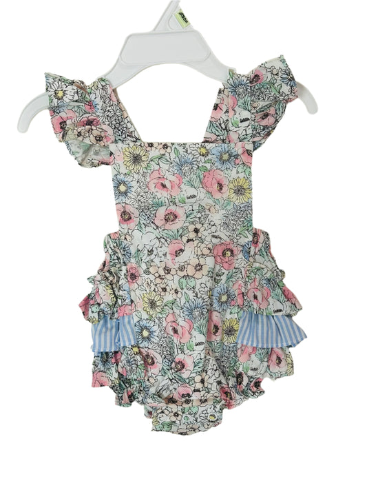 Bonnie Baby Romper Floral w/Blue Striped Ruffle 8044