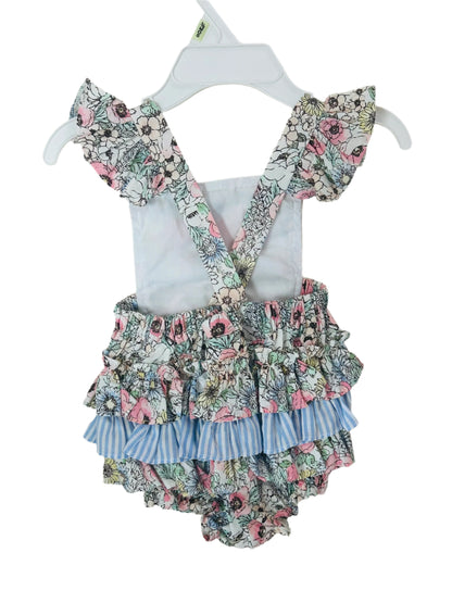 Bonnie Baby Romper Floral w/Blue Striped Ruffle 8044
