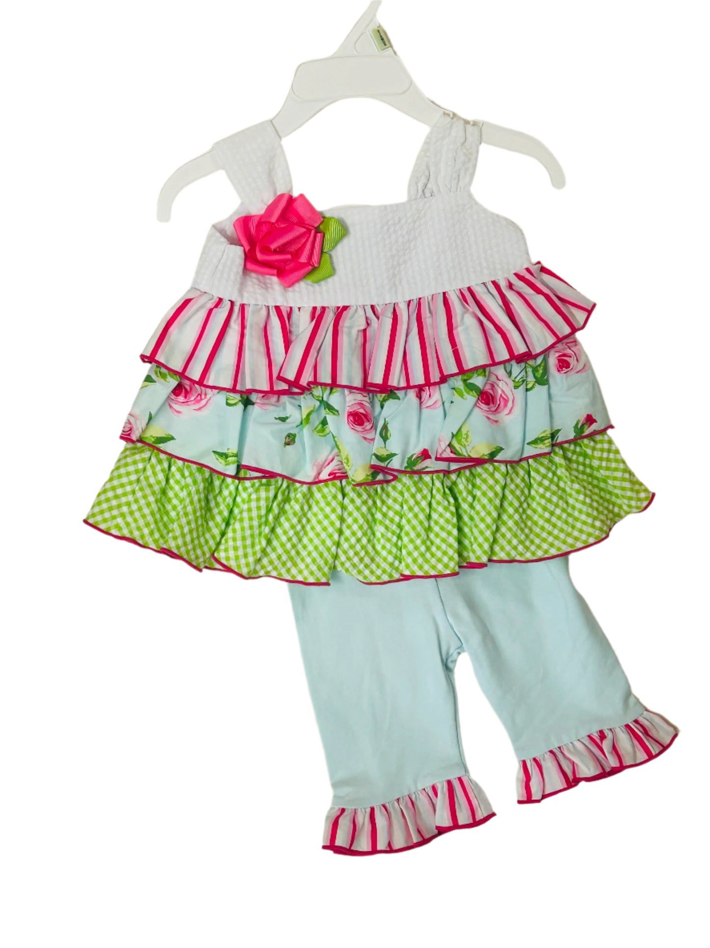 Bonnie Baby 2pc Pant Set Floral Pink/Lime Gingham 9023