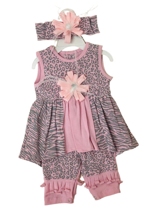 Sassy Me Pink/Gray Animal Print Coverall w/Matching Headband