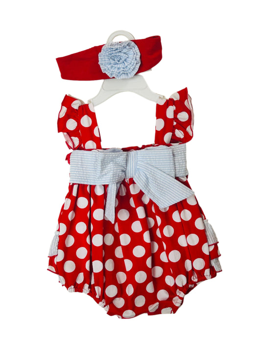 Millie Jay Bubble Romper Red Polka Dot w/ Blue Gingham Bow