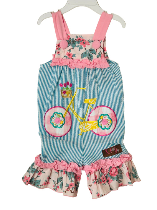 Millie Jay Romper Blue Striped Gingham w/Bicycle Applique