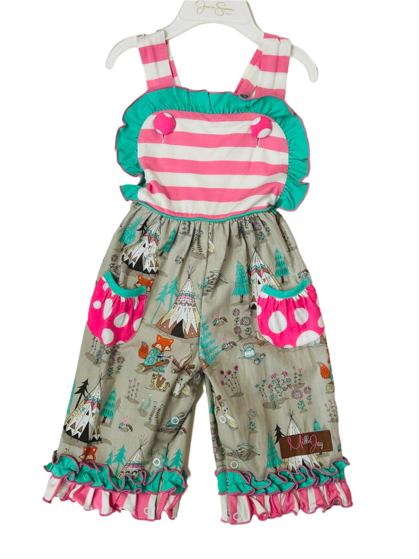 Millie Jay Romper Pink/White Camping Fox