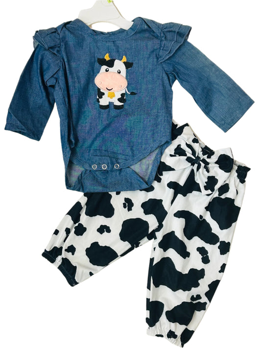 Girl Outfit 2pc Set Denim One Piece w/Cow Print Pant