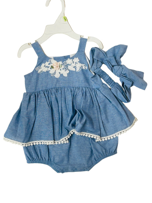 Bonnie Baby Romper Blue/Crochet Floral w/Matching Headband 8043