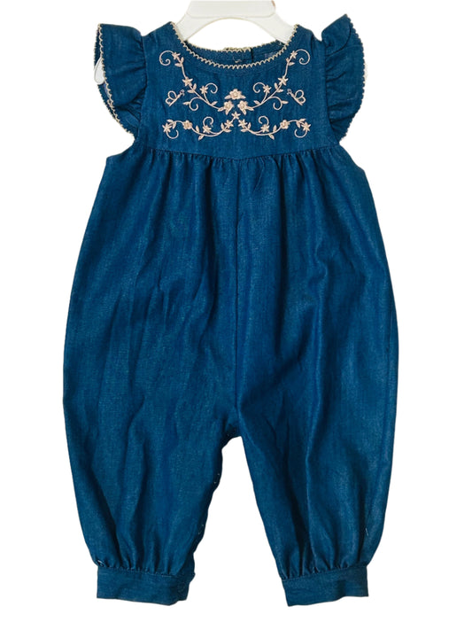 Bonnie Baby Blue Denim Romper w/Embroidery Flowers 4839