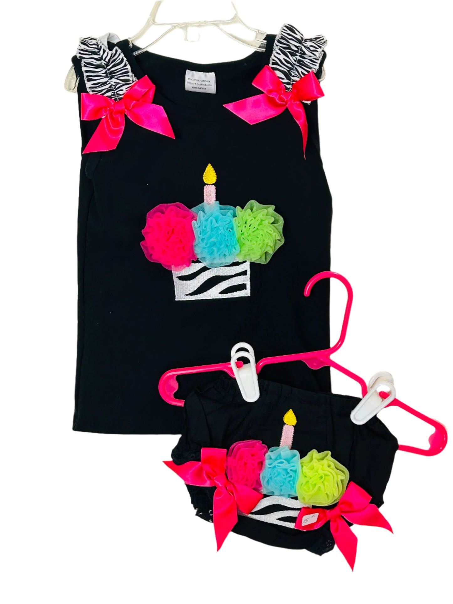 Black Tank Top w/Zebra Ruffle Sleeve & Birthday Cake