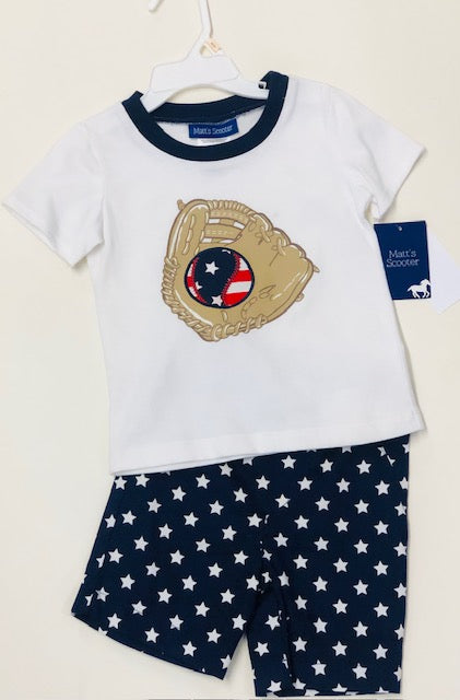 Matt's Scooter Nautical 2pc Short Set w/ Baseball Glove Applique